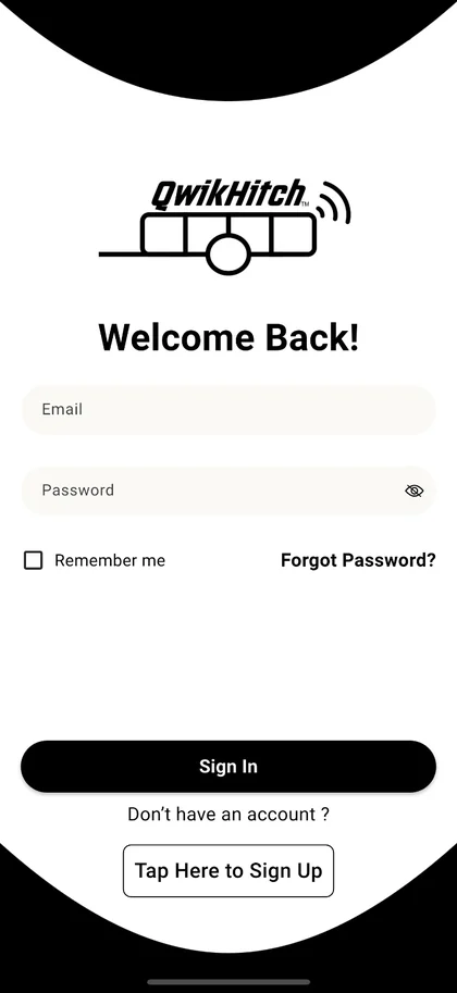 QwikHitch mobile app sign-in screen built by K Business Solutions Inc.