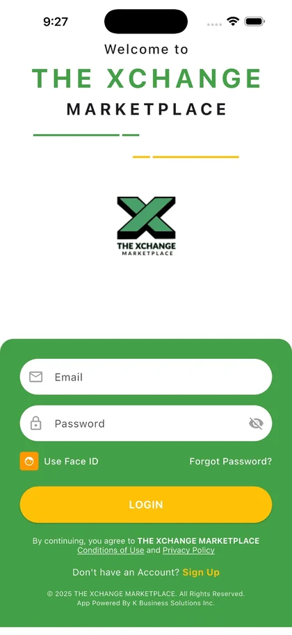 The Xchange Marketplace mobile app sign-in screen built by K Business Solutions Inc.