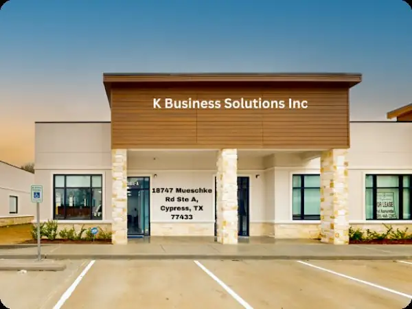 K Business Solutions Inc. office building at 18747 Mueschke Road, Suite A, Cypress, Texas