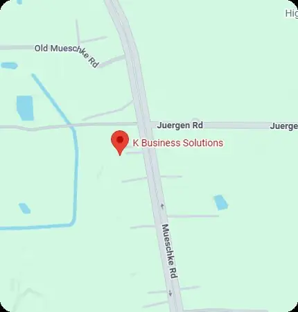 Map showing K Business Solutions Inc. on Mueschke Road near Juergen Road in Cypress, Texas