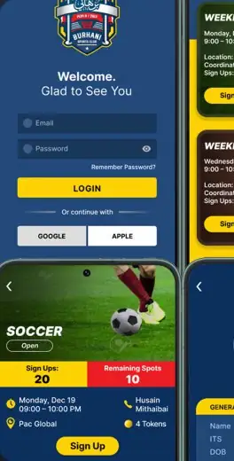 Burhani Sports Club mobile app with sign-in and event sign-up screens, built by K Business Solutions Inc.